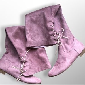 Dusty Pink Over the Knee Boots with Lace Detail at the top.